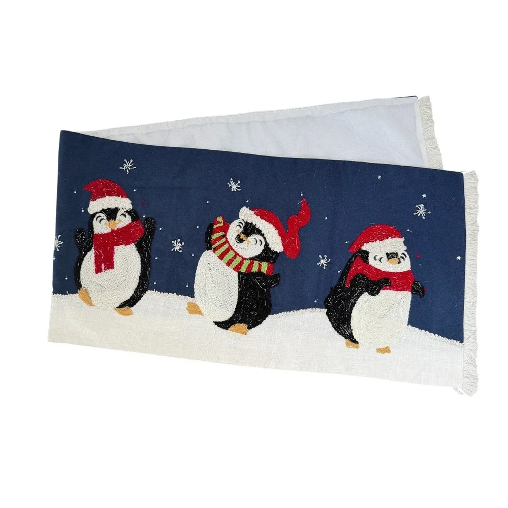 Artisan NY Home Christmas Penguin Table Bed Runner Beaded Embroidered 15x56‎